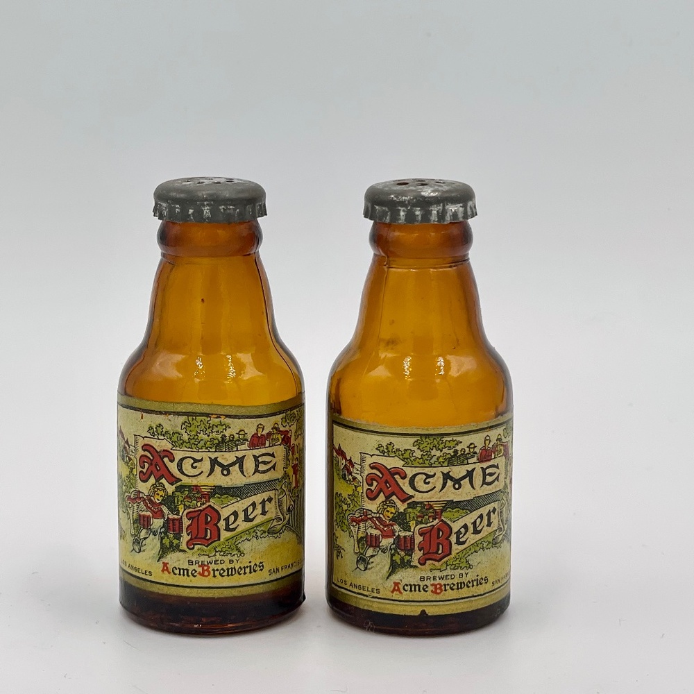 Vintage ACME BEER Miniature Amber Bottles Salt & Pepper Shakers Breweriana 40s